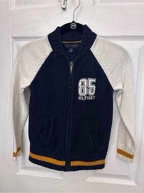 Tommy Hilfiger Navy, White & Gold Zip Knit Sweater Boys Small (6-7)